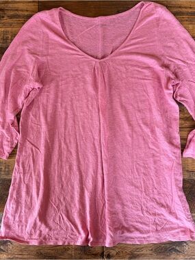 Eileen Fisher Pink Linen Top XL 3/4 Sleeve V-Neck Lightweight Summer Blouse
